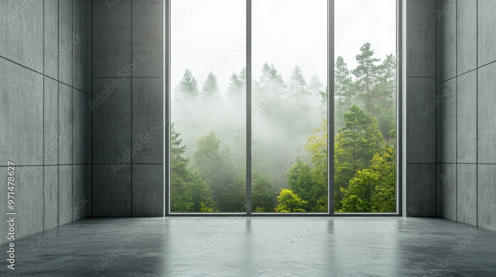 Naklejka premium Minimalist Concrete Room with Foggy Forest View Through Window