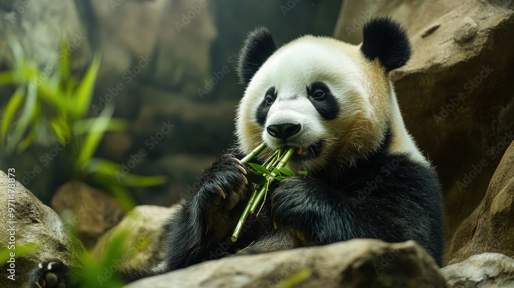 A panda leisurely eating bamboo while sitting in the zoo, looking calm and content. The relaxed atmosphere makes this a heartwarming scene of animal life A panda leisurely eating bamboo while sitting in the zoo, looking calm and content. The relaxed atmosphere makes this a heartwarming scene of animal life