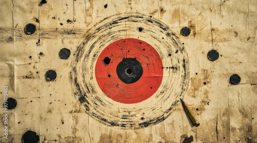 A paper target riddled with bullet holes, with one shot hitting directly in the bullseye, showcasing accuracy and precise shooting skills photo