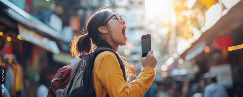 Traveller with phone is shouting about sales, digital marketing banner panorama. Generative Ai. Traveller with phone is shouting about sales, digital marketing banner panorama. Generative Ai.