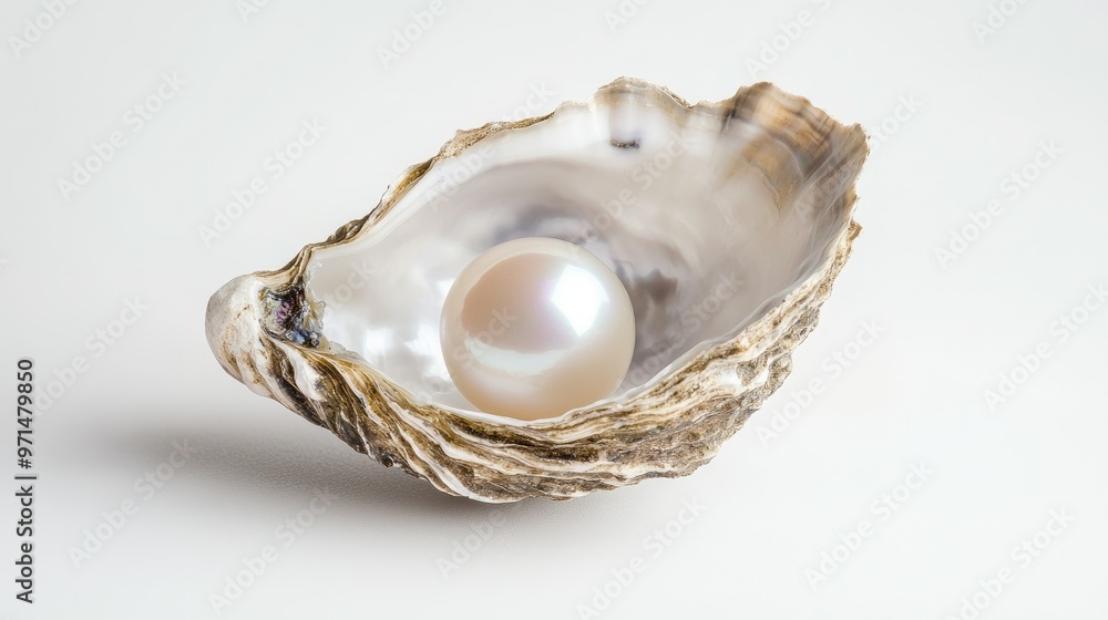 A perfectly round natural pearl resting within the smooth nacre of an oyster shell, close-up shot with a pure white background. A perfectly round natural pearl resting within the smooth nacre of an oyster shell, close-up shot with a pure white background.