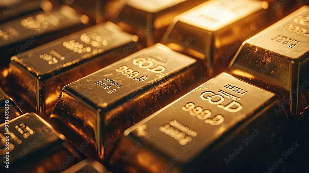 A perfectly stacked set of gold bars, neatly arranged and shining brightly. Each bar is engraved with details of weight and purity, symbolizing luxury and wealth A perfectly stacked set of gold bars, neatly arranged and shining brightly. Each bar is engraved with details of weight and purity, symbolizing luxury and wealth