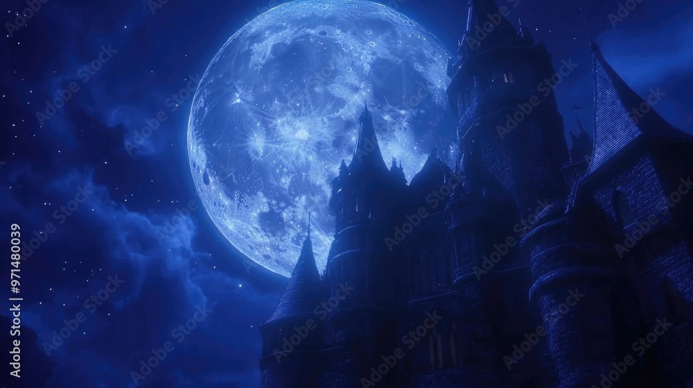 Mysterious Castle Silhouetted Against a Full Moon, Night Sky, Dark and Dramatic Mysterious Castle Silhouetted Against a Full Moon, Night Sky, Dark and Dramatic