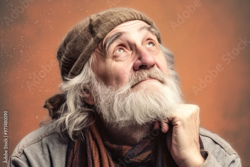 generated illustration of senior man, looking up and thinking