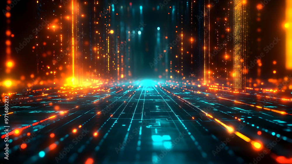 A digital landscape with glowing lines and particles, creating a futuristic atmosphere. A digital landscape with glowing lines and particles, creating a futuristic atmosphere.