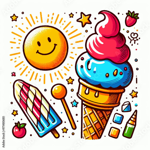 summer fruit ice cream summer hand drawn illustration