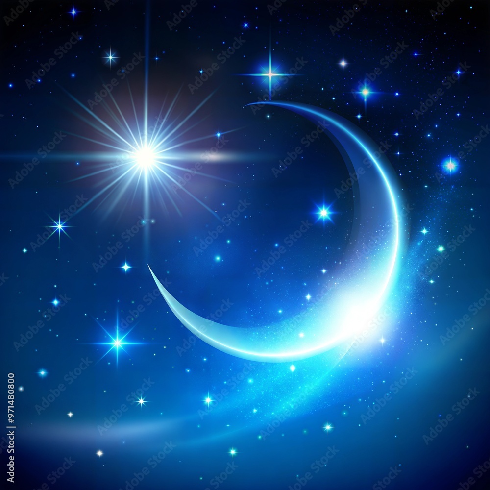 Cosmic night sky with crescent moon and twinkling stars in deep blue tones and copy space Cosmic night sky with crescent moon and twinkling stars in deep blue tones and copy space