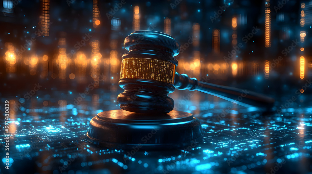 A digital representation of a gavel on a glowing circuit-like background, symbolizing justice. A digital representation of a gavel on a glowing circuit-like background, symbolizing justice.