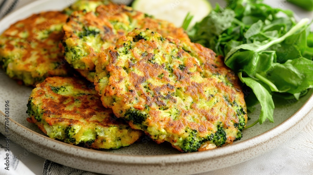 A plate of vegan broccoli and zucchini fritters, perfectly golden and served with a side of fresh greens. A nutritious and delicious meal that is perfect for healthy eaters A plate of vegan broccoli and zucchini fritters, perfectly golden and served with a side of fresh greens. A nutritious and delicious meal that is perfect for healthy eaters