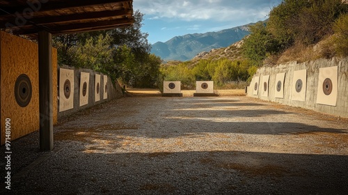 A professional shooting range with several targets set up at different distances, prepared for a day of firearms training and target practice photo