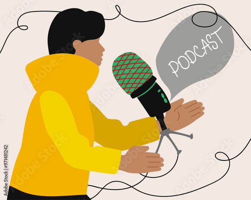 Podcast concept, Radio host. Media tool, mic and speech bubble. Female podcaster speaking to mic, broadcaster at workspace. Vector illustration.