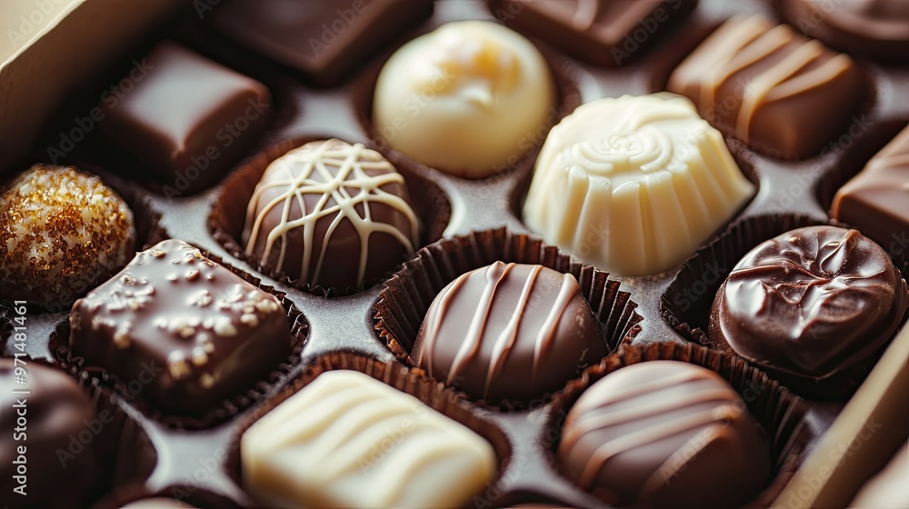 Close-up of a gift box filled with fine chocolates, nestled in tissue paper. Dark, milk, and white chocolate varieties with intricate designs. Close-up of a gift box filled with fine chocolates, nestled in tissue paper. Dark, milk, and white chocolate varieties with intricate designs.