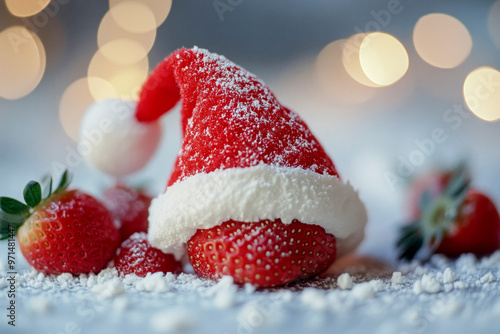 Festive strawberry dessert topped with Christmas Santa hat photo