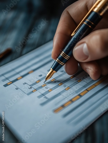 A hand holding a gold and black pen, filling out a detailed crossword puzzle on paper, useful for illustrating focused activities, leisure, or brain games,