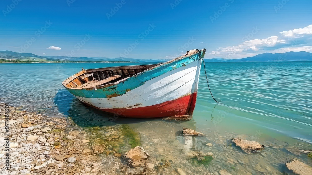 Fototapeta premium Eerie Beauty of Abandonment - A Weathered Fishing Boat Sinking into Oblivion Amidst Forgotten Dreams of the Sea