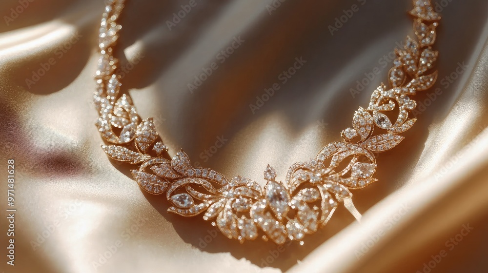 Close-up of a gold necklace adorned with diamonds and intricate detailing, beautifully displayed on a satin background, symbolizing luxury and elegance Close-up of a gold necklace adorned with diamonds and intricate detailing, beautifully displayed on a satin background, symbolizing luxury and elegance