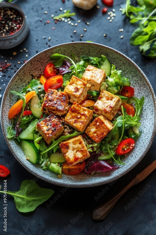 Plate of tofu dish with colorful vegetables, tofu dish, balanced diet Plate of tofu dish with colorful vegetables, tofu dish, balanced diet