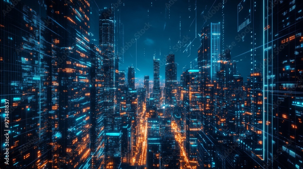 Night View of Tech-Advanced City. Illuminated Skyscrapers for Premium Tech Background Night View of Tech-Advanced City. Illuminated Skyscrapers for Premium Tech Background