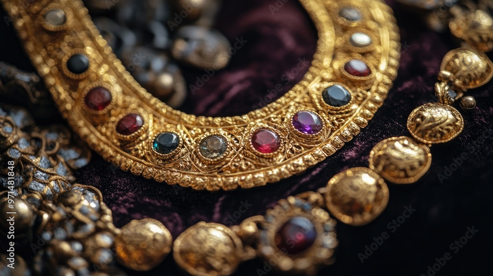 Obraz premium Close-up of a gold necklace with intricate designs and gemstones, artistically displayed on a velvet cushion, evoking timeless luxury