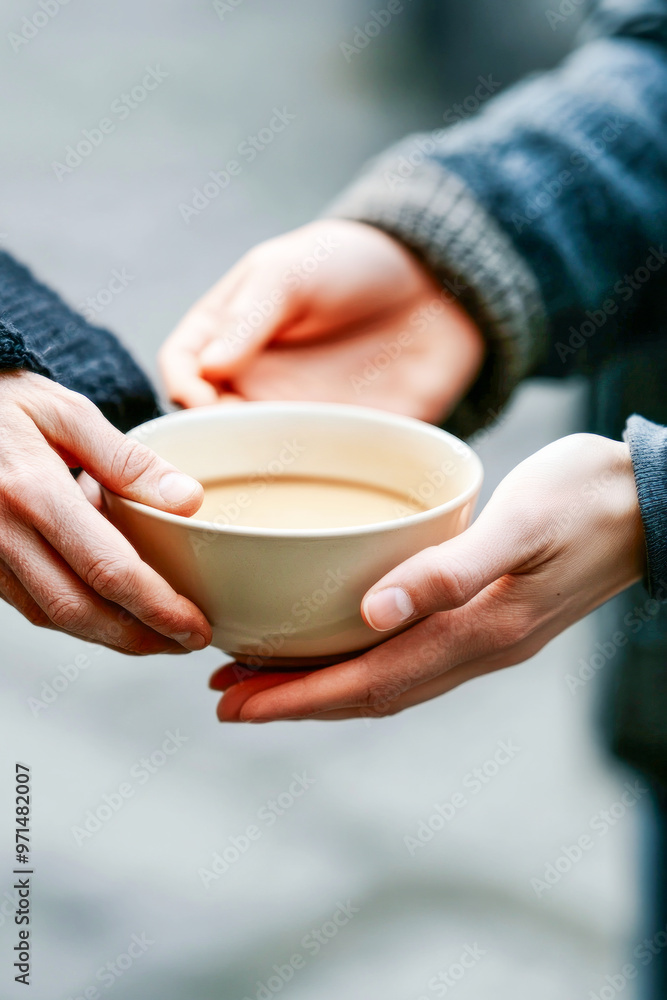Person receiving a bowl of soup. Concept of charity, altruism and help. Person receiving a bowl of soup. Concept of charity, altruism and help.