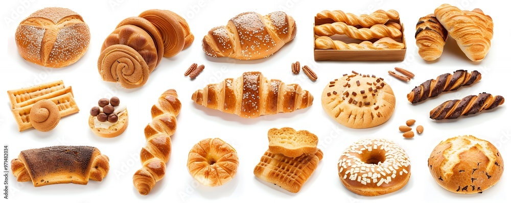 Assortment of fresh baked bread and pastries on a white background. Assortment of fresh baked bread and pastries on a white background.