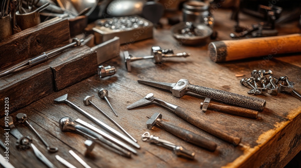 Close-up of a jeweleraes tools, including hammers and pliers, spread across a rustic wooden table in a silver workshop Close-up of a jeweleraes tools, including hammers and pliers, spread across a rustic wooden table in a silver workshop