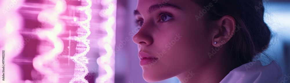 A young woman in profile view, illuminated by a glowing DNA strand, symbolizes futuristic science and technology, Ideal for biotechnology, research, or medical innovation themes, A young woman in profile view, illuminated by a glowing DNA strand, symbolizes futuristic science and technology, Ideal for biotechnology, research, or medical innovation themes,