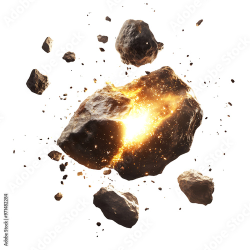 Space Explosion Asteroid Impact Debris Fire, Sci-Fi Outer Space Energy Blast, Meteor Breakup Rocks, Interstellar Collision, Fiery Rock photo