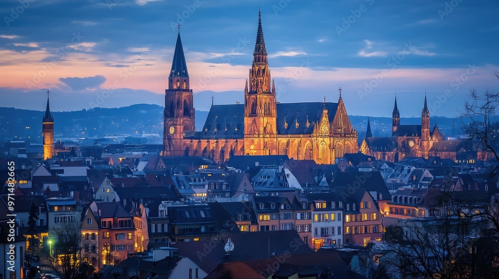 Fototapeta premium Mainz Cathedral at dusk, the towering spires glowing softly under evening lights, with the cathedral's ancient architecture standing out against the twilight sky.
