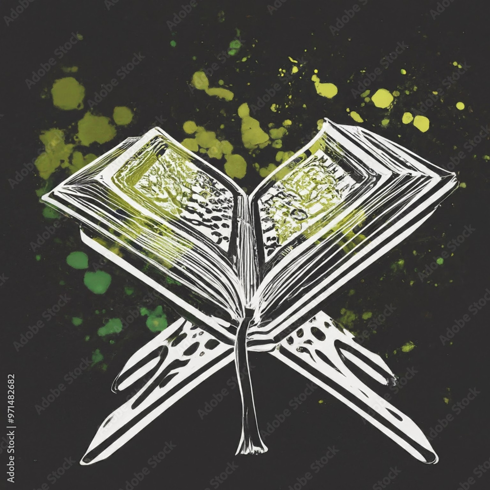 Naklejka premium Holy Quran with rosary, open on the wooden book holder. Design element for Ramadan or other religious islamic holidays and events. Vector 3d realistic illustration