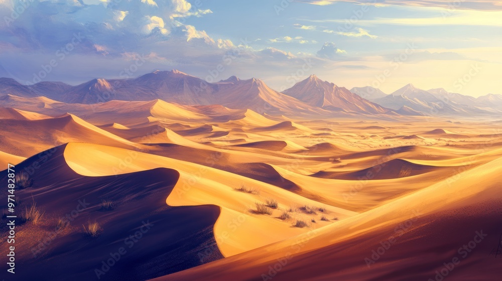 Fototapeta premium Arid Desert Landscape with Mountain Range and Golden Sand Dunes