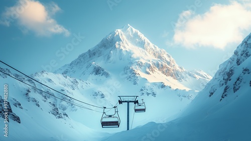 Two empty ski lifts ascend a snowy mountain peak under a bright blue sky with white clouds. photo