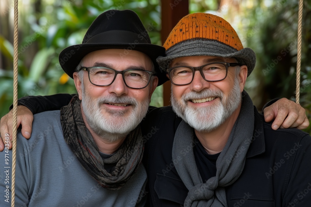 Two smiling elderly men with gray beards and glasses enjoy a moment of companionship outdoors. Two smiling elderly men with gray beards and glasses enjoy a moment of companionship outdoors.