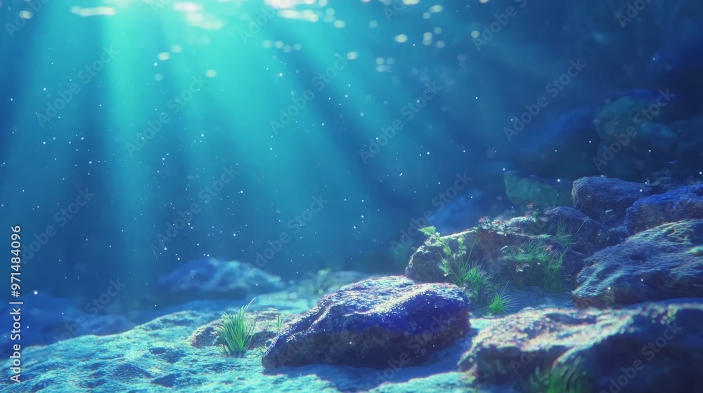 Fototapeta premium rocks and submerged vegetation in foreground, sunlight filtering through water's surface