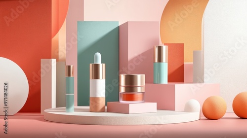 Geometric Shapes and Cosmetic Products on a Pink Background