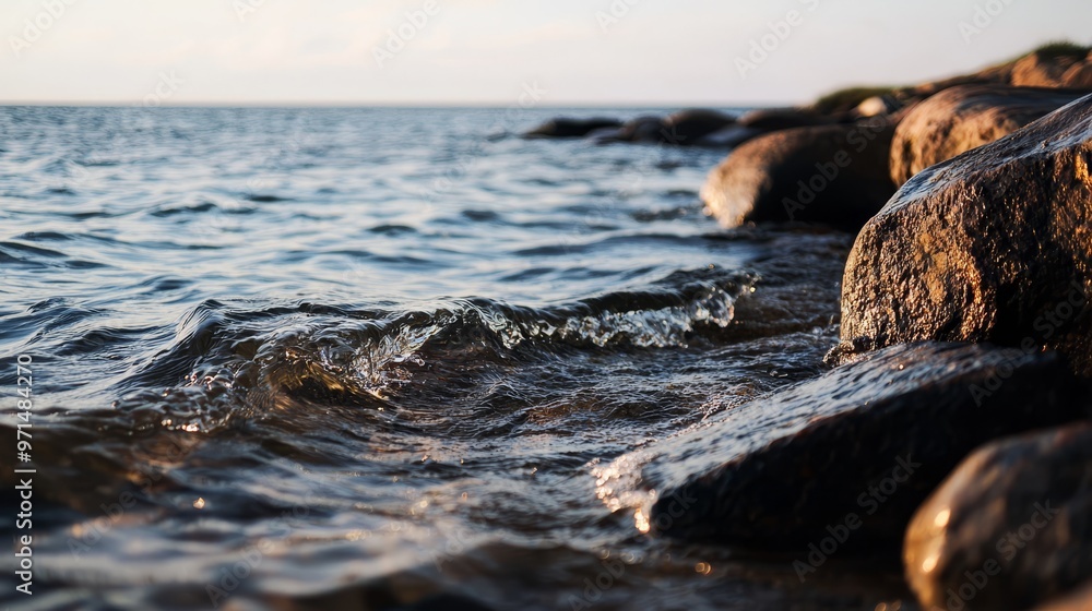 A body of water featuring rocks in the foreground A body of water featuring rocks in the foreground