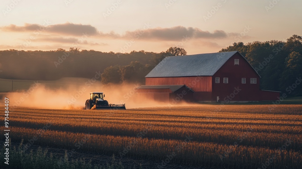 Obraz premium Tractor Working in Field at Sunset