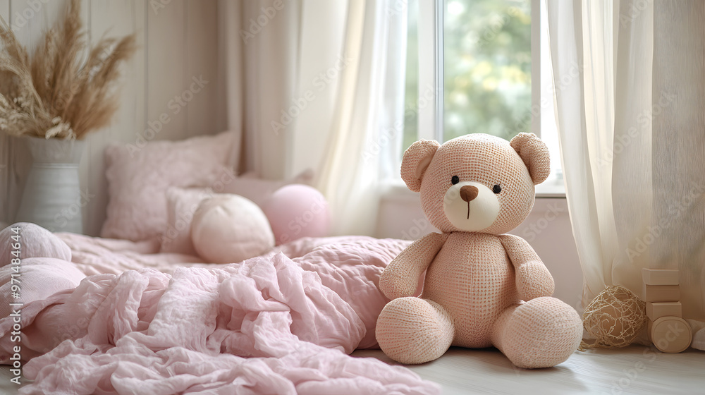 A plush teddy bear sits on a bed with pink bedding and a window in the background. A plush teddy bear sits on a bed with pink bedding and a window in the background.