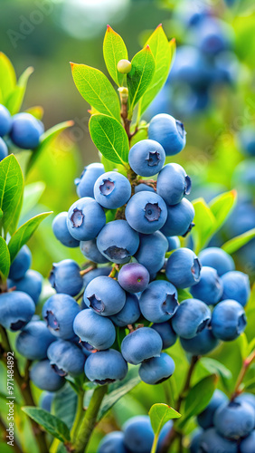 Blueberries - sweet, healthy berry fruit. Huckleberry bush. Blue ripe fruit on the healthy green plant. Close-up branch of ripe blueberry. Food plantation - blueberry field, orchard. photo