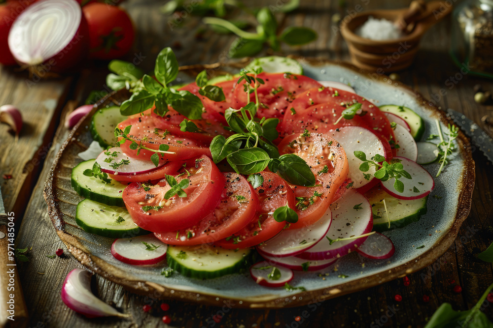 Vibrant Fresh Salad Plate with Sliced and Cherry Tomatoes, Cucumbers, Radishes Garnished with Parsley on a Rustic Plate Vibrant Fresh Salad Plate with Sliced and Cherry Tomatoes, Cucumbers, Radishes Garnished with Parsley on a Rustic Plate