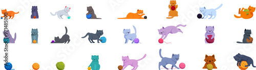 Cat playing yarn ball icons set. Collection of twenty three illustrations representing cats playing with balls of wool in different positions