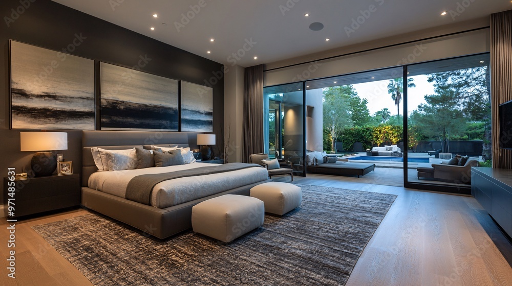 Naklejka premium Modern Bedroom with Large Windows and Outdoor Pool View