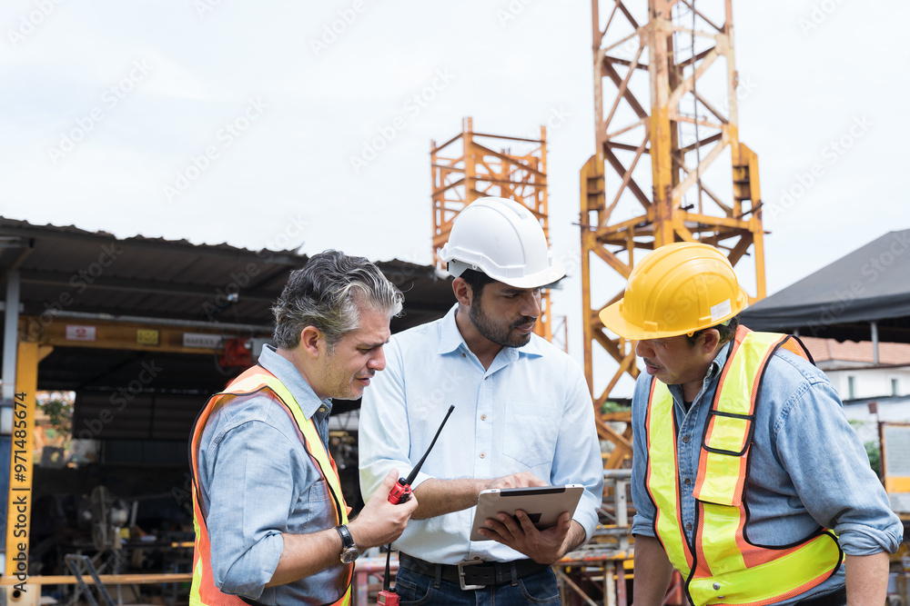 Team of male engineer construction using digital tablet for discussing of structure of building at construction site. Group of male construction builder working at construction site Team of male engineer construction using digital tablet for discussing of structure of building at construction site. Group of male construction builder working at construction site