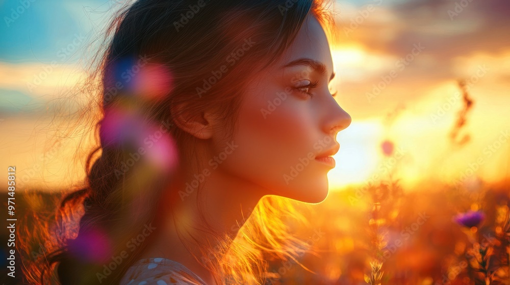 Woman with Long Hair Facing Sunset in Field Woman with Long Hair Facing Sunset in Field