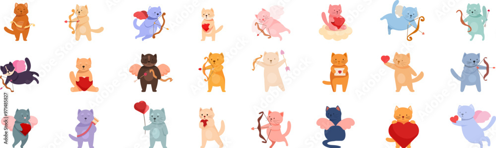 Cupid cat icons set. Set of adorable cartoon kittens with angel wings holding bows and arrows, love letters and heart shaped balloons for valentine day greeting cards Cupid cat icons set. Set of adorable cartoon kittens with angel wings holding bows and arrows, love letters and heart shaped balloons for valentine day greeting cards