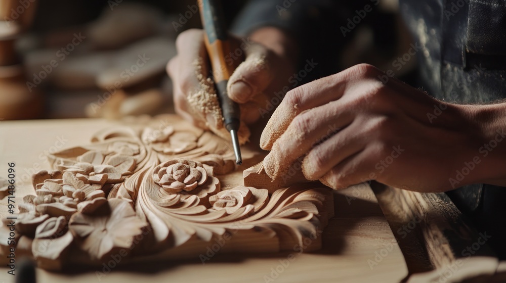 Craftsman Carving Intricate Wooden Design Craftsman Carving Intricate Wooden Design