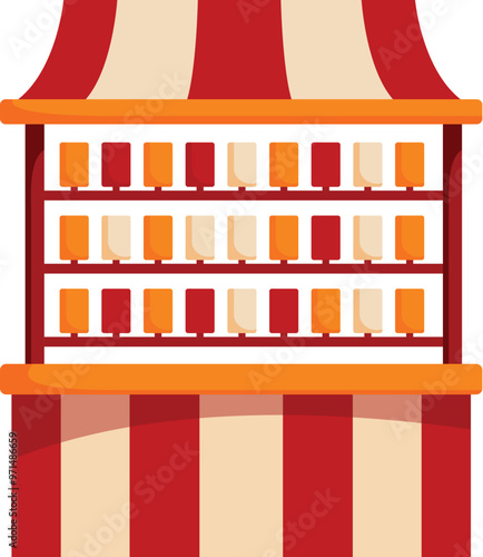 Classic shooting gallery booth at a fun amusement park or festive county fair, with a red and white striped awning