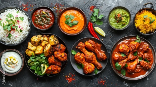 A sumptuous Indian food spread with chicken tikka masala, tandoori chicken, and appetizers on dark concrete background