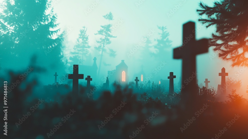 A serene graveyard shrouded in mist, with silhouetted crosses creating an eerie yet peaceful atmosphere at twilight. A serene graveyard shrouded in mist, with silhouetted crosses creating an eerie yet peaceful atmosphere at twilight.