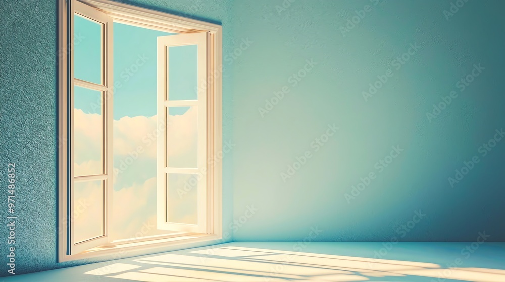 Fototapeta premium A serene interior with an open window letting in soft light and a view of clouds, creating a peaceful atmosphere.